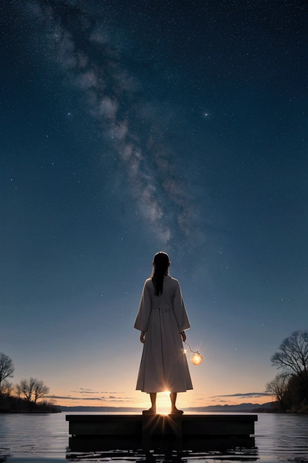 Depict a person standing on a bridge overlooking a calm river at dusk. The sky is painted with soft, fading light, and a single, bright star is beginning to appear. The person holds a small, glowing pendant near their heart, symbolizing the simplicity and power of positive change within. Reflected in the water below is not just the sky, but also a faint image of a shining star, representing their own inner light. The mood of the scene should be peaceful, reflective, and full of quiet determination