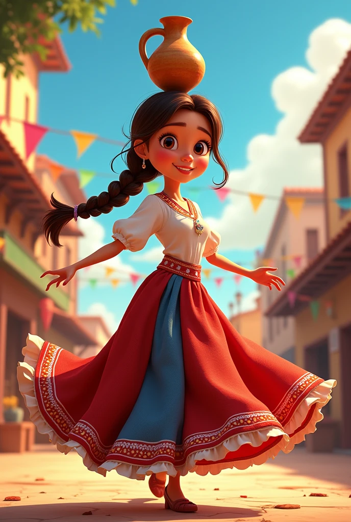 Poster of a Pixar character in a typical Paraguayan costume, wearing a white blouse, dancing with brown hair in a braided ponytail and a jug on her head, Brown eyes, Clothing: white blouse with long tricolor skirt, half red, half white and half blue. 
