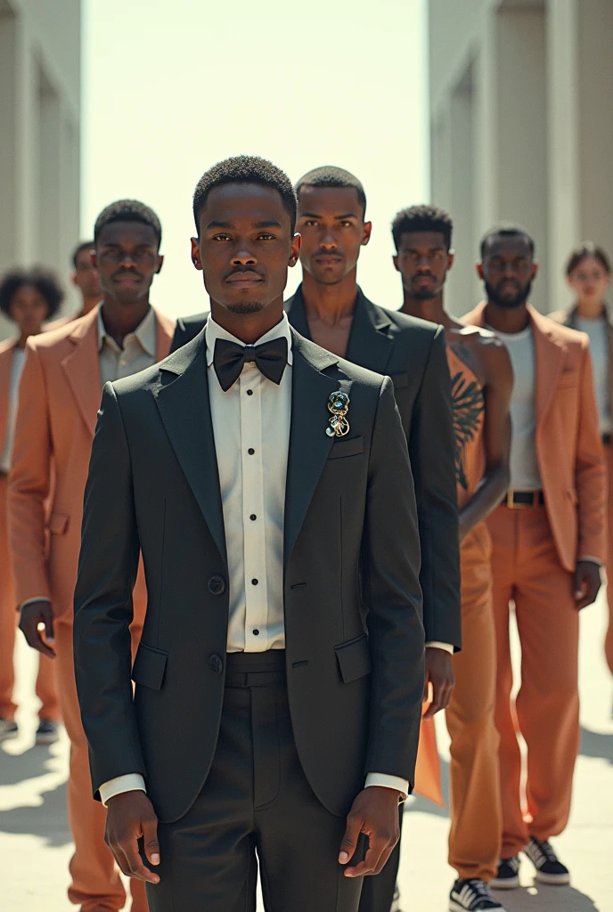 We see a wide shot with the entire “ballet” of men of various ethnicities, wearing futuristic clothes, posing as a squad, each one with their own personality, but connected through a new feeling/sense of style/Inspiration.