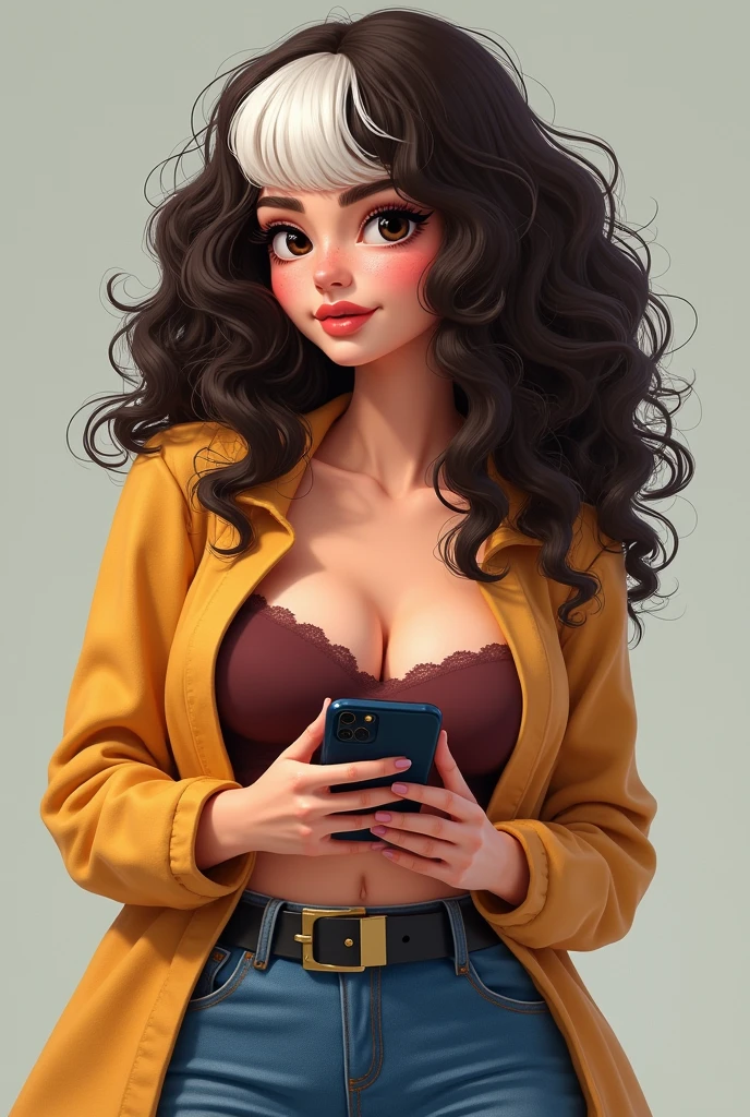 woman with medium hair, very curly and frizzy dark brown with white streak in the front, rosy lips, black eyes, fat and wide face, woman with cell phone in hand,  gamer clothes, styled, Disney movies