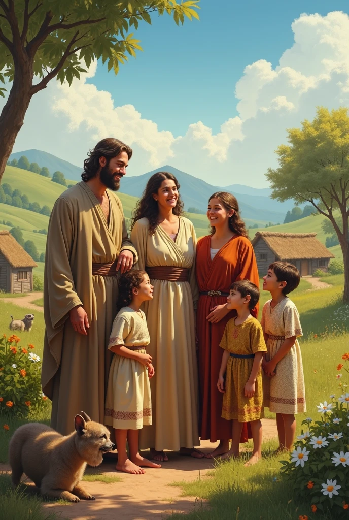 JOB FROM THE BIBLE HAPPY WITH HIS WIFE AND HIS SEVEN CHILDREN