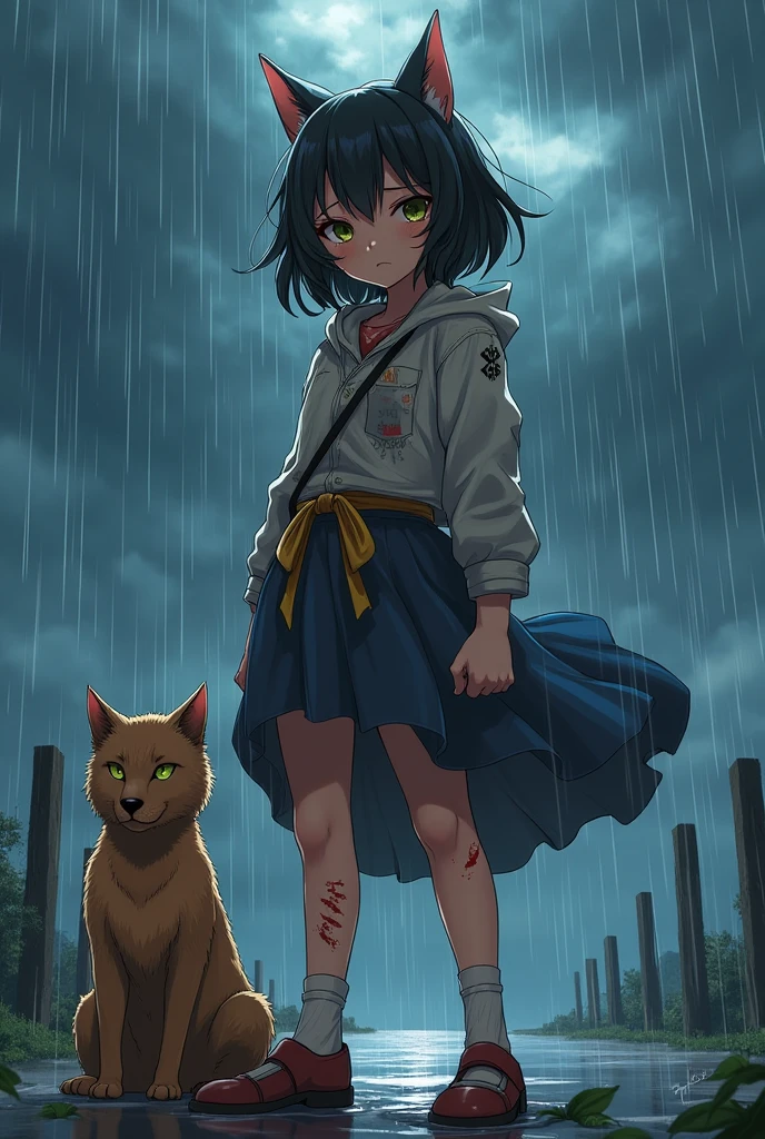 Create an anime character and have that character have wounds and it&#39;s raining and with a dog or cat