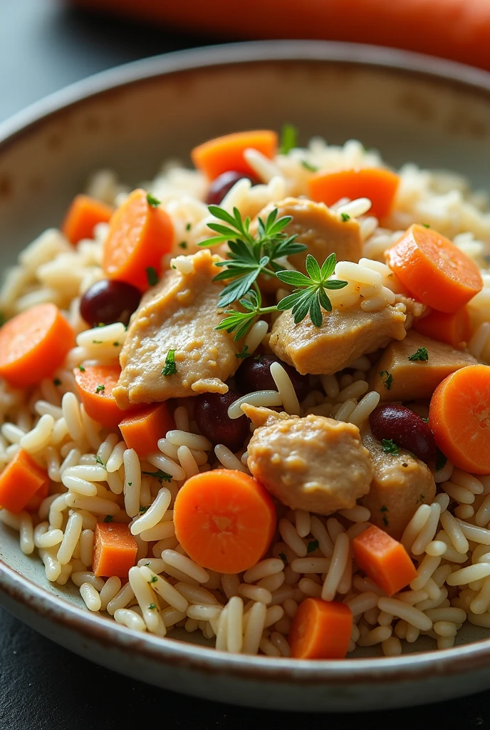 A dish made of rice, bean, diced chicken and carrots, portioned appropriately and beautifully
