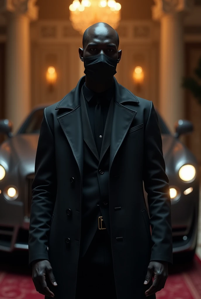 A man with almost black skin, black jacket, wearing a black surgical mask, in your mansion with cars