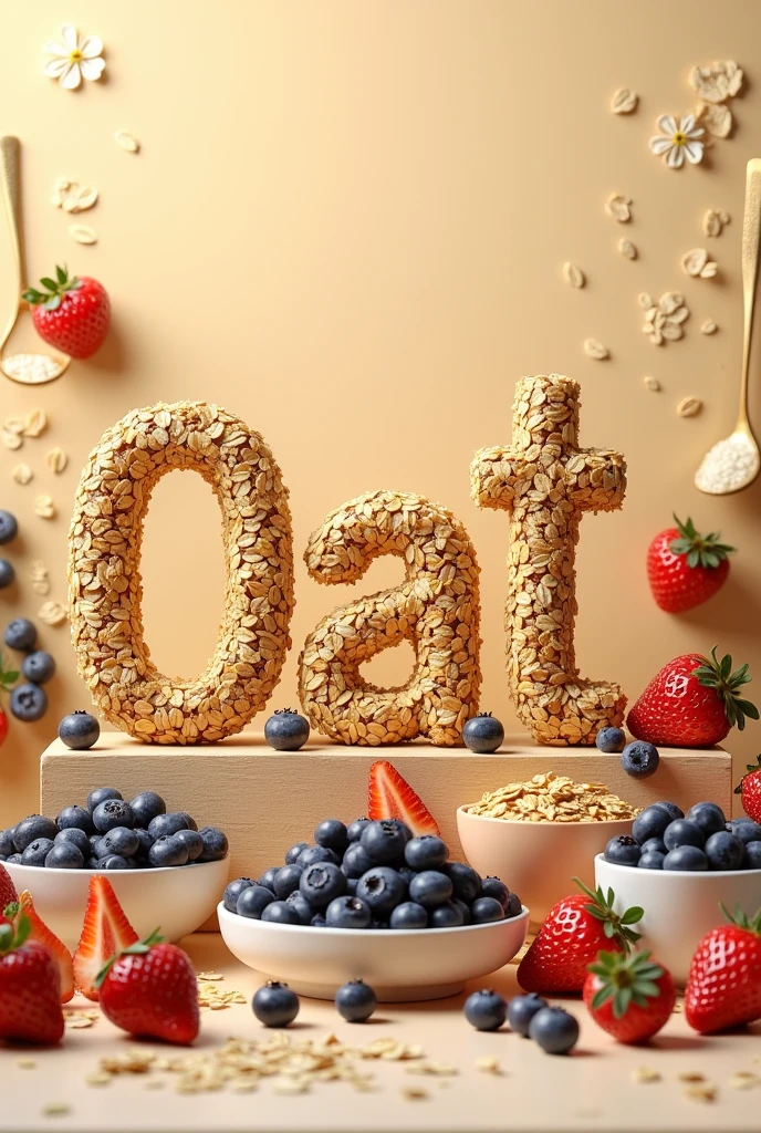 (photorealism:1.2), I need you to make lettering with oats that says nutrition, add more things around it, add spoons, dishes, Blueberries and strawberries change the background to a nice beige 