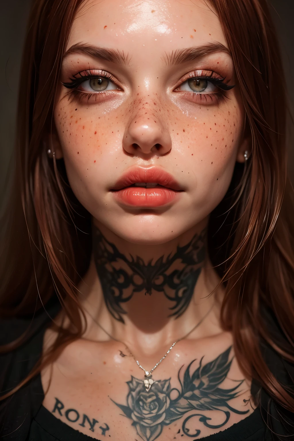 realistic portrait of a 25 year old woman, intense gaze, brown eyes, soft smile, freckles on her face, red hair, colorful tattoos, horror makeup, eyeliner, thin red lips, black skirt, silver accessories, jewelry silver, rain, storn