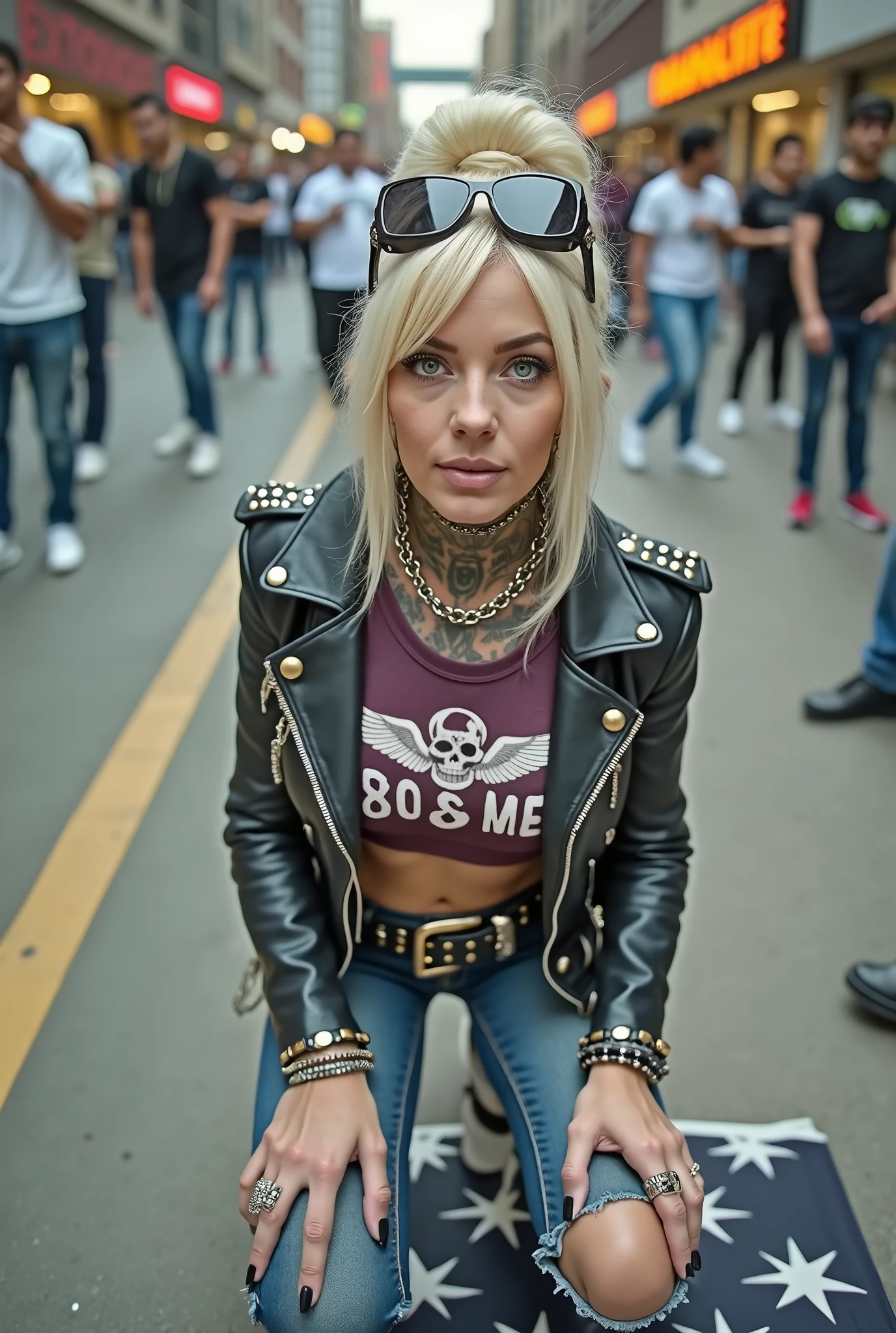 russian old milf woman, , blonde platinum hair (beehive bun) and oversized square sunglasses as headband), with very light green eyes, extremely pale. Wearing studded, padded shoulders, cropped black moto jacket (zippers on the side. dark burgundy push up t-shirt with skull and wings logo and gothic lettering,, dark skinny low rise blue jeans with holes on knees .White tennis sneakers. Lots of thick wide studded bracelets, chain collars and big rings. Tacky wide studded leather belt with big eagle oval buckle. Long earrings with chains. Kneeling on a large ragged usa flag, looking at the photographer. Craving, sensual face. Hands on knees. Looking at the camera, Toned abdominals, thin neck, slim legs and thin arms. Narrow hips. Heavily tattooed on chest, hands, neck and arms. Street of Nairobi, crowded with standing people