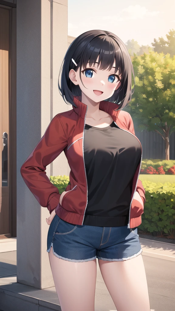 masterpiece, best quality, highres, aasugu, short hair, hairclip, large breasts, track jacket, red jacket, black shirt, blue shorts, hand on hip, smile, open mouth, outdoors