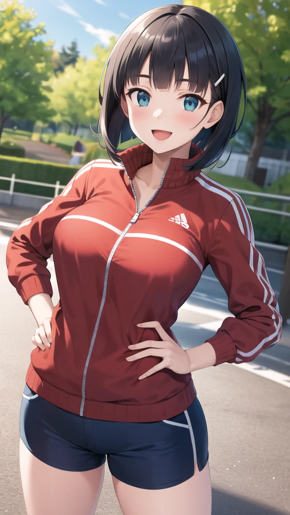 masterpiece, best quality, highres, aasugu, short hair, hairclip, large breasts, track jacket, red jacket, black shirt, blue shorts, hand on hip, smile, open mouth, outdoors