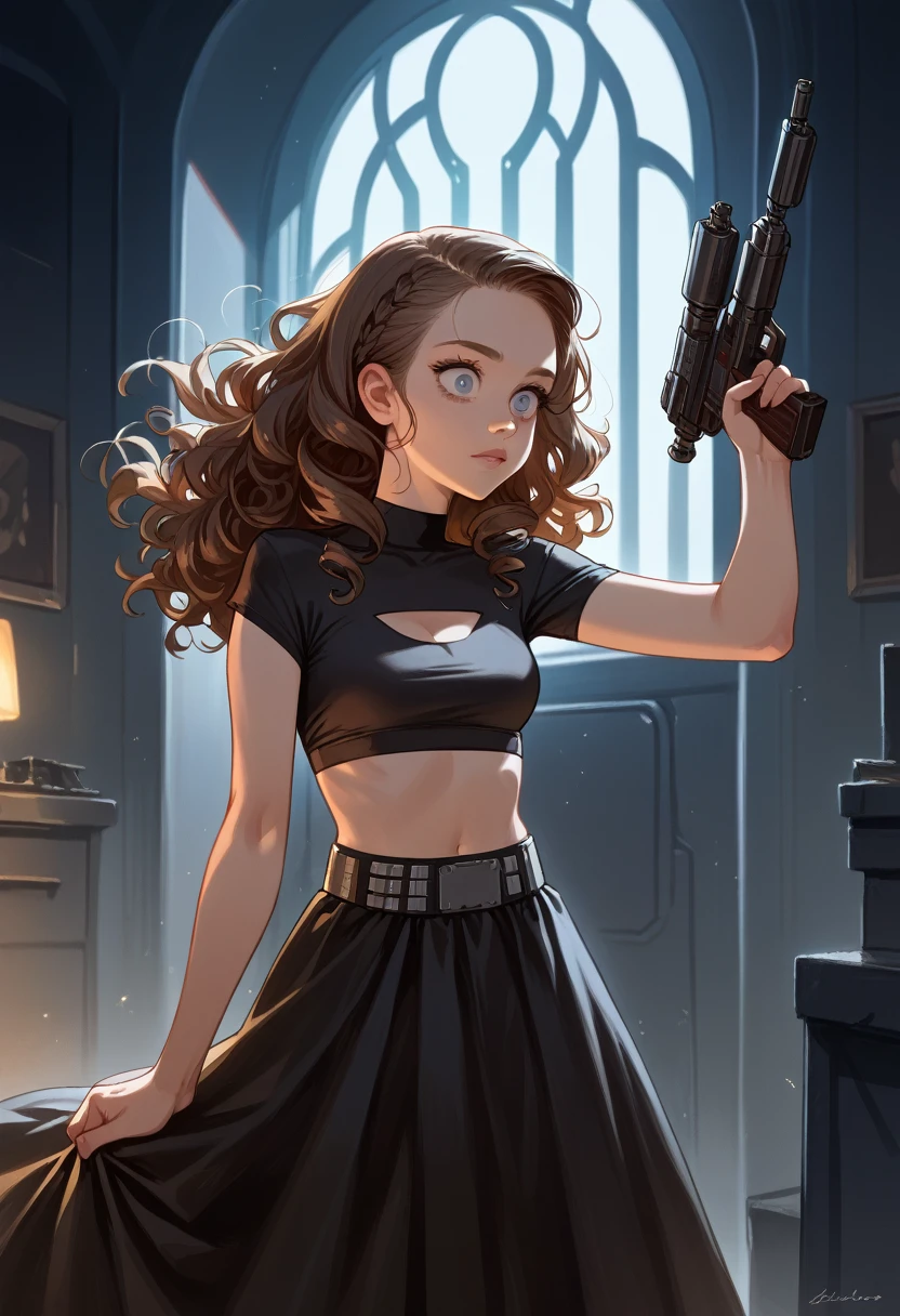 obra maestra, mejor calidad, Emilia Clarke as Qi'rand Darth Maul, brunette curly long hair,  in a futuristic room throne room near a window at night, wide open eyes, wears a mini red futuristic skirt , wears a black top, misterious, masterpiece, 8k, dinamic pose, holding a star wars gun, 