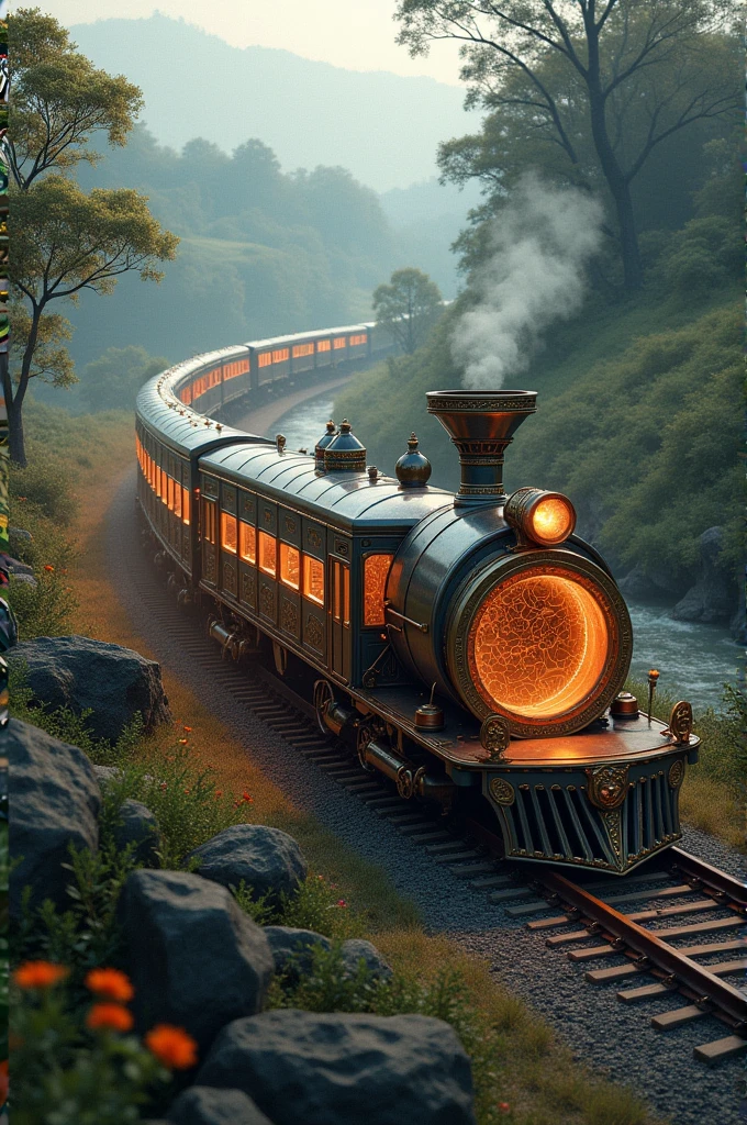 A hyperrealistic and magical train. Make it look clean and warm. In a natural landscape