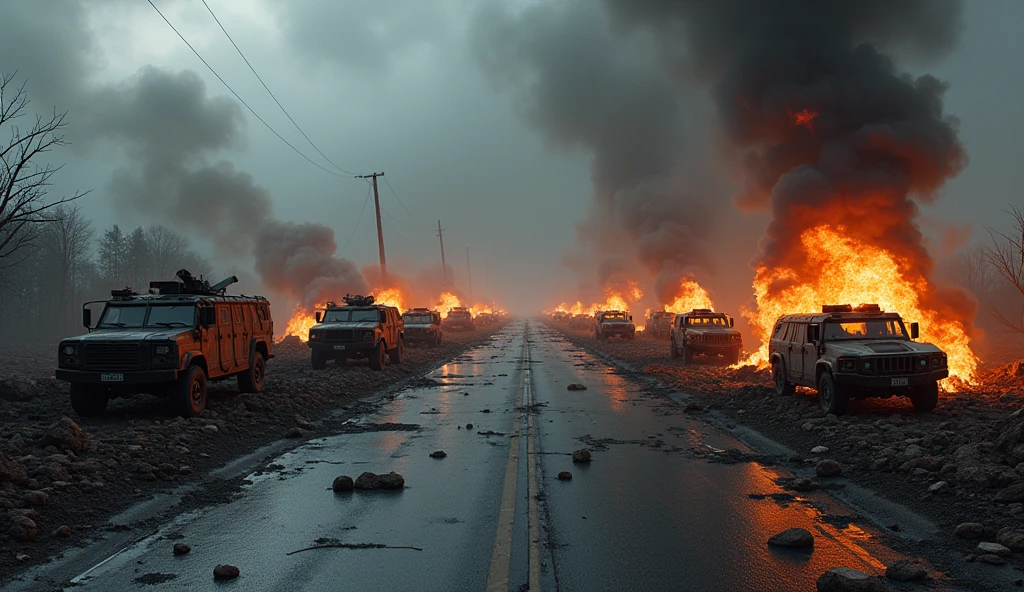 10 MILITARY CARS BURNING ON THE DESTROYED ROAD, GLOOMY WEATHER