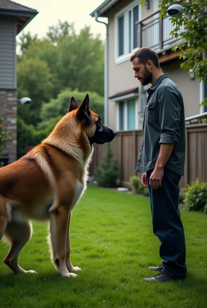 Dog facing man ,backyard with grass,house with balcony,security cameras, Wall 