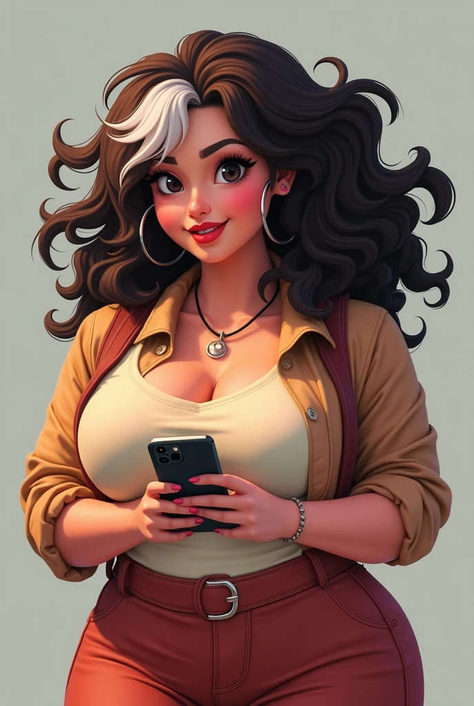 woman with medium hair, very curly and frizzy dark brown with white streak in the front, rosy lips, black eyes, fat and wide face, woman with cell phone in hand, gamer clothes, styled, Disney movies