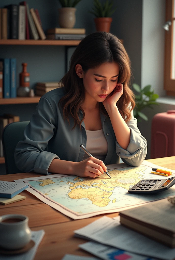 Images of a person planning a trip, using a map and a calculator