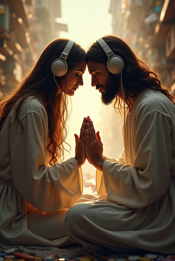 Image of a woman meditating face to face with Jesus, holding hands, wearing headphones and with eyes closed with a serene face like Jesus' and the surroundings representing disorder , mess and chaos