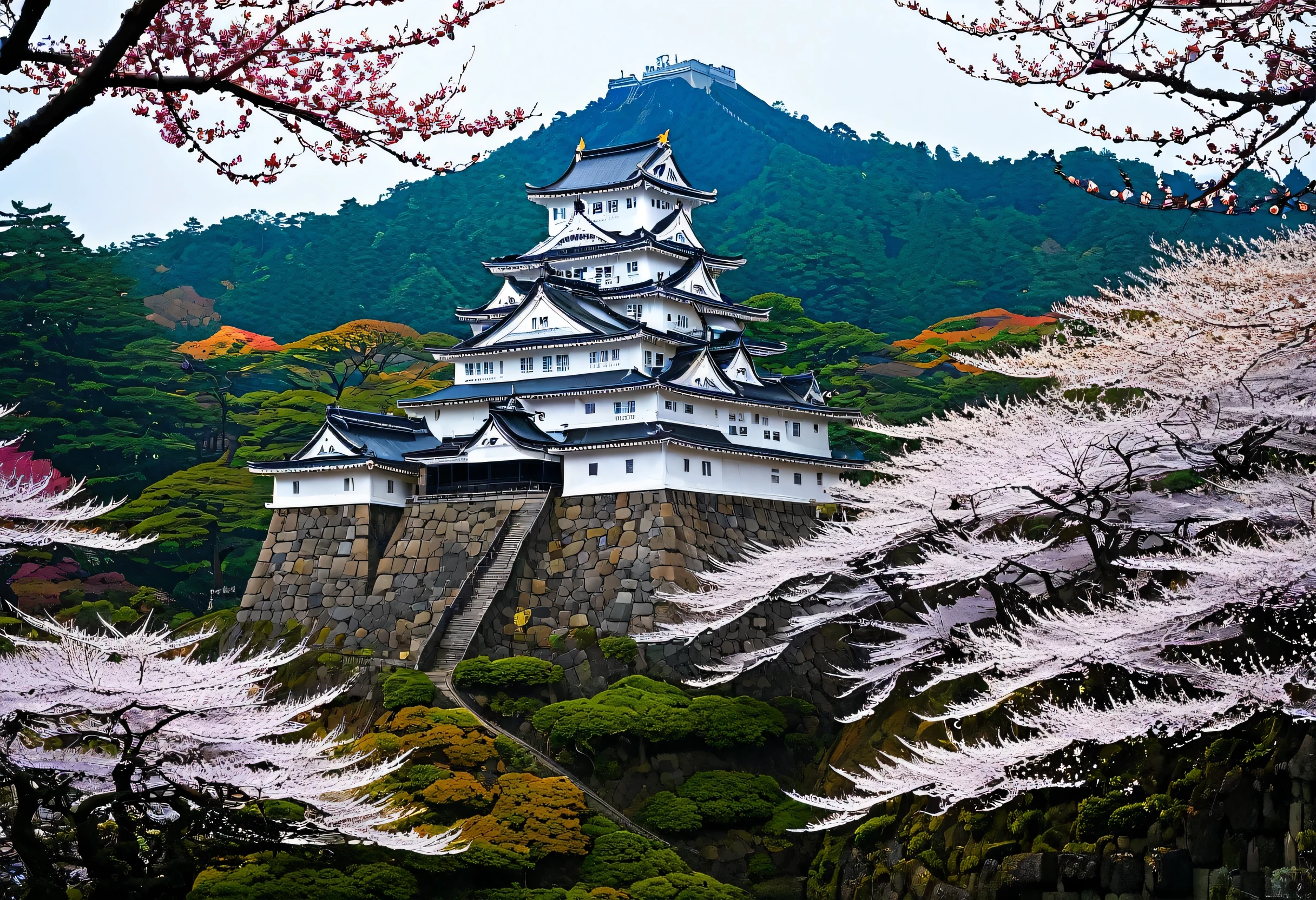 During Japan's Sengoku period, this ancient castle stood amidst a landscape brimming with vibrant colors. Surrounded by gardens where cherry blossoms and autumn leaves flourished, the castle proudly displayed its elegance and beauty, even in an era of turmoil. In spring, pale cherry blossoms adorned the castle walls; in summer, lush green trees cast their shadows; in autumn, golden rice fields stretched out around the castle; and in winter, the castle donned a snow-covered mantle, standing out like a scene from a picture scroll in a world of white. This colorful castle remained a symbol of unwavering beauty, pride, and hope for the people during the turbulent Sengoku era.