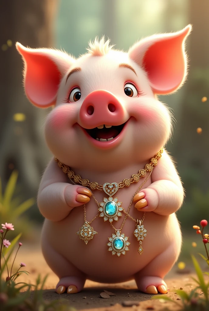 Cute friendly adult pig giving jewelry