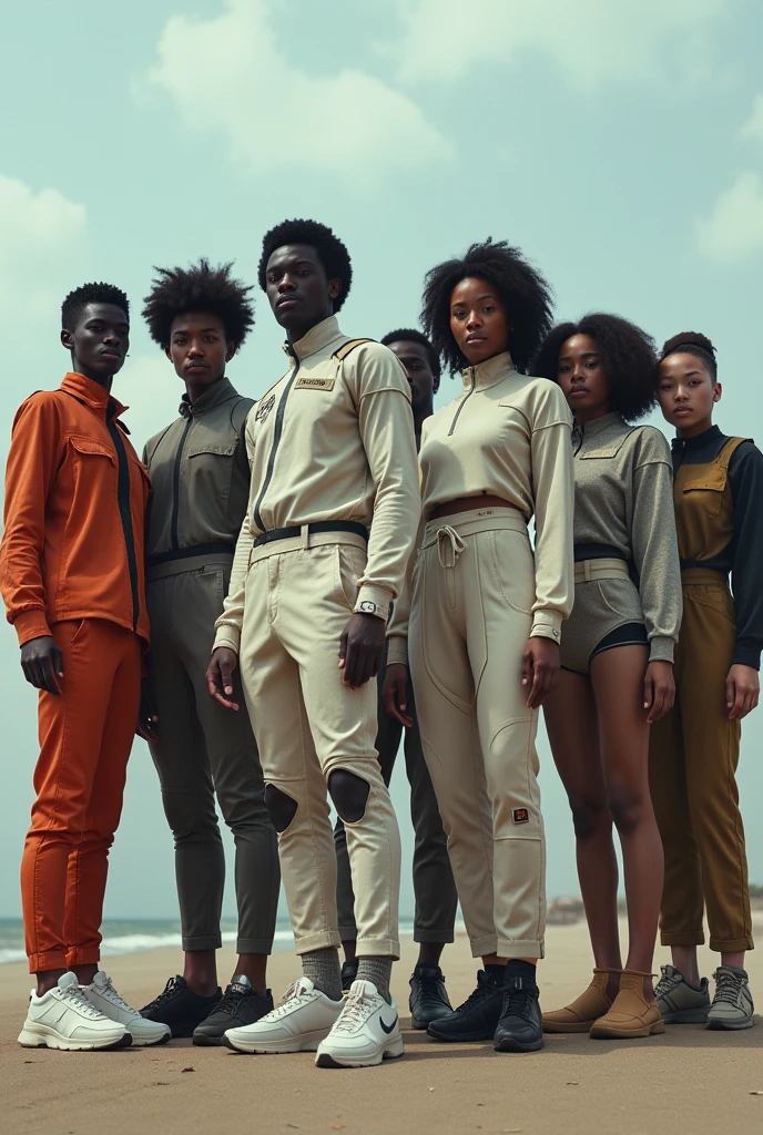 We see a wide shot with the entire “ballet” of white men, Blacks and Asians, wearing futuristic clothes, posing as a squad, each one with their own personality, but connected through a new feeling/sense of style/Inspiration.


