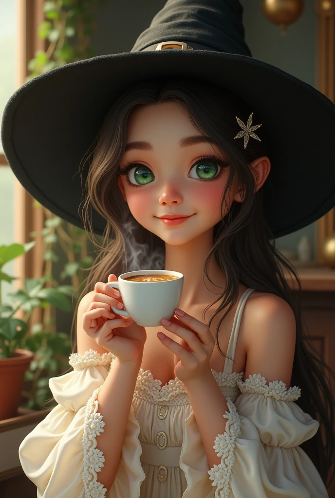 A very pretty witch, tender,smiling , con brakes verdes ,with witch hat ,White dress ,having a cup of coffee