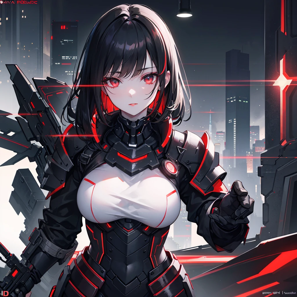 a beautiful woman with black hair and red highlights, pale skin, red lips, and dark eyes, wearing futuristic armor, reloading a handgun, in a cold, dark city setting, best quality, 4k, 8k, highres, masterpiece:1.2, ultra-detailed, realistic, photorealistic:1.37, HDR, UHD, studio lighting, ultra-fine painting, sharp focus, physically-based rendering, extreme detail description, professional, vivid colors, bokeh, cyberpunk, science fiction, concept art