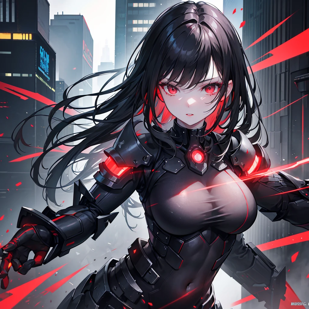 a beautiful woman with black hair and red highlights, pale skin, red lips, and dark eyes, wearing futuristic armor, reloading a handgun, in a cold, dark city setting, best quality, 4k, 8k, highres, masterpiece:1.2, ultra-detailed, realistic, photorealistic:1.37, HDR, UHD, studio lighting, ultra-fine painting, sharp focus, physically-based rendering, extreme detail description, professional, vivid colors, bokeh, cyberpunk, science fiction, concept art