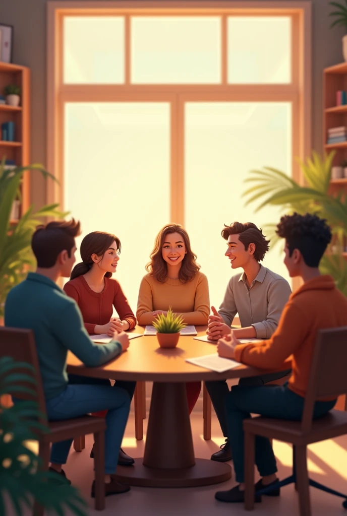 I want an animated image where there is a group of 5 people sitting around a circular table and there is space to put text above the people&#39;s heads. I want the image to be from a distance. 