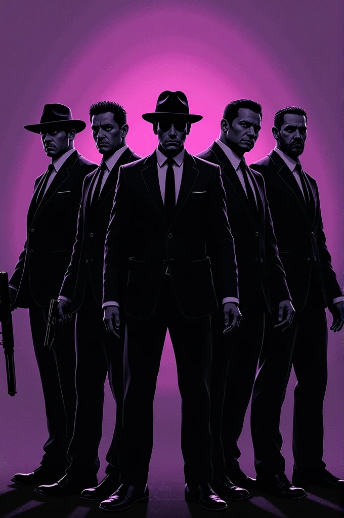 Generate an image with a purple background mixed with black and in the front written Family Scott with about 5 people looking like the mafia with weapons in black detail.