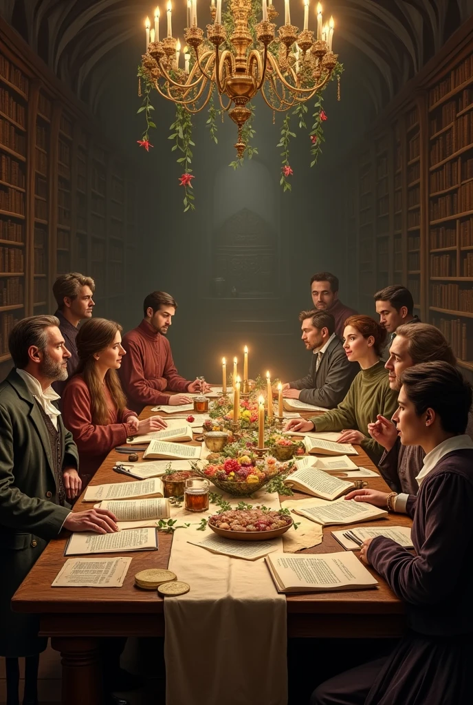 Please make me an image that represents a "literary banquet" that is to say, What I want is a large table set for a banquet, But instead of food there are works of literature, poems, leaves with fragments, etc.