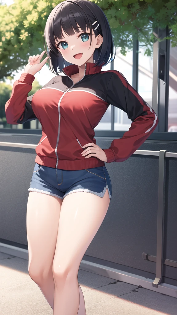 masterpiece, best quality, highres, aasugu, short hair, hairclip, large breasts, track jacket, red jacket, black shirt, blue shorts, hand on hip, smile, open mouth, outdoors