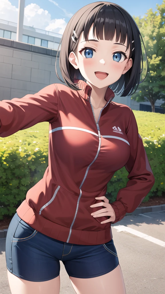 masterpiece, best quality, highres, aasugu, short hair, hairclip, large breasts, track jacket, red jacket, black shirt, blue shorts, hand on hip, smile, open mouth, outdoors