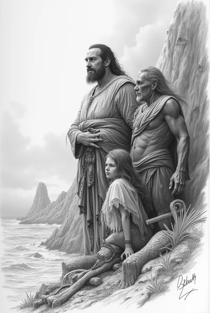 An image that encompasses everything from William Shakespeare's The Tempest in pencil drawing form