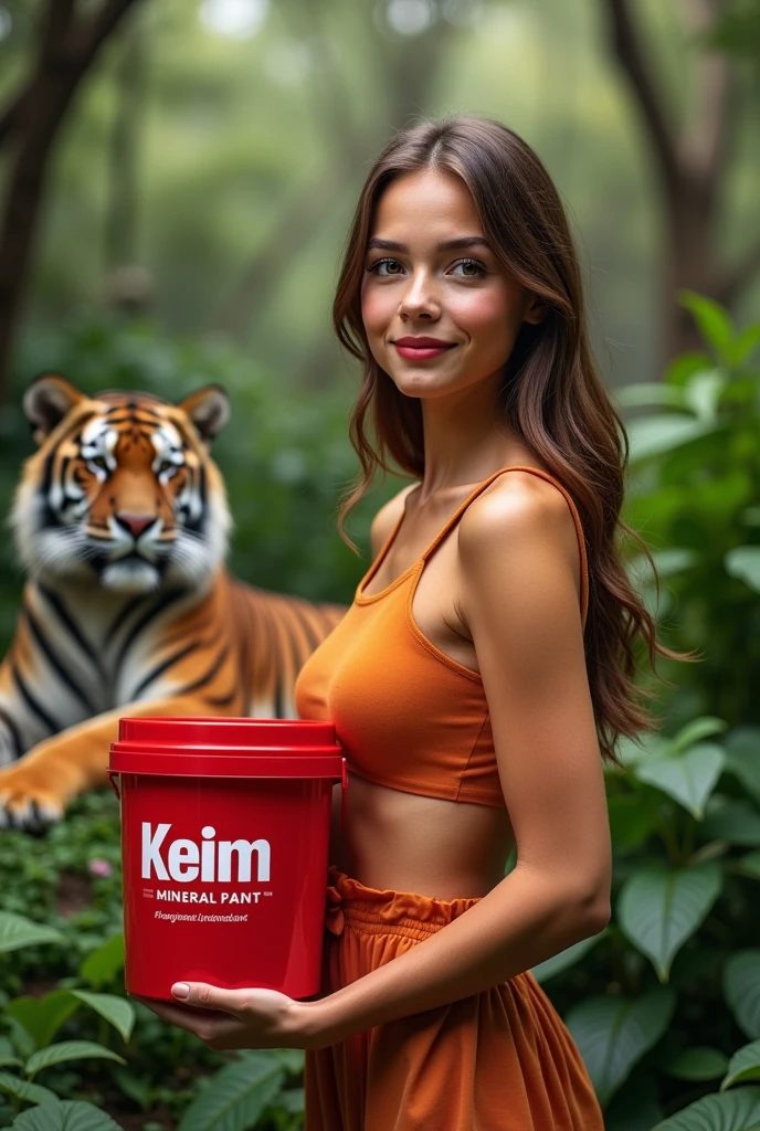 Beautiful australian girl posing wirh a red paint bucket branded “keim”, “mineral paint” background is green plants, sustainability, lush forest, beautifuk tiger chill in the background