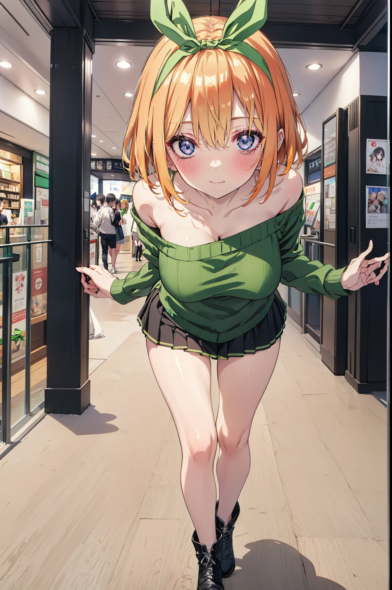 Yotsubanakano, Fourth floor Nakano, bangs, short hair, blue eyes, Hair between the eyes, hair ribbon, hair band, Orange Hair, (Green ribbon:1.5), smile, Close your mouth,blush,Glasses,
Green one-shoulder sweater,mini skirt,Black pantyhose,short boots,Walking,morning,morning陽,The sun is rising,On the way to school,whole bodyがイラストに入るように,　　　　　　　　　　　　　　　　　　　　break looking at viewer, whole body,　　　　　　　　　　　　　　　　　　　break indoors,Shopping mall,　　　　　　　　　　　　break (masterpiece:1.2), Highest quality, High resolution, unity 8k wallpaper, (shape:0.8), (Beautiful attention to detail:1.6), Highly detailed face, Perfect lighting, Highly detailed CG, (Perfect hands, Perfect Anatomy),