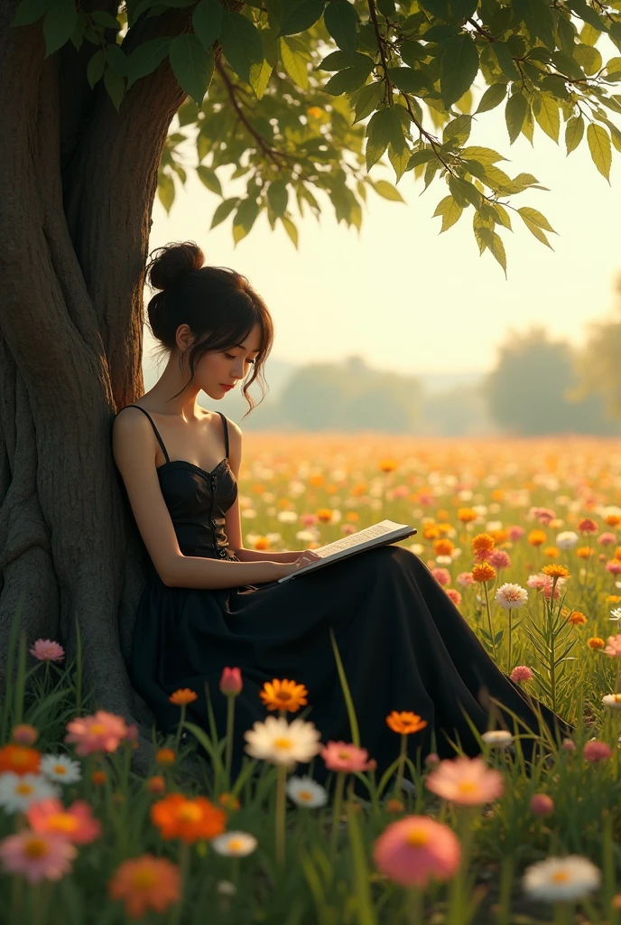 90s TV Serie photo long angle focus on her, shows Maxine Caulfield (Life Is Strange), wearing a princess black dress, she is resting next to a tree, in a beautiful afternoon at a long field or multiple flowers, retro VHS filter, 1980 vibes, aesthetic, full body view