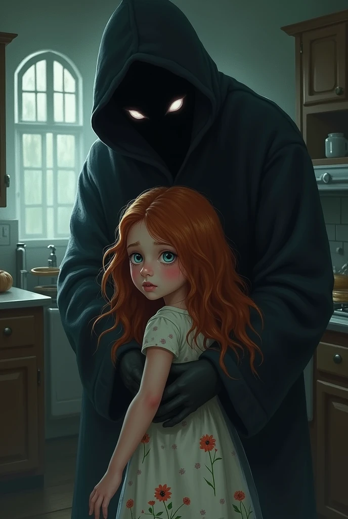 little red-haired girl with long hair, wavy and blue eyes, a flowery dress and an expression of fear, behind him there is a shadow woman who holds the girl tightly in a kitchen, leave the redhead turned around looking at the shadow