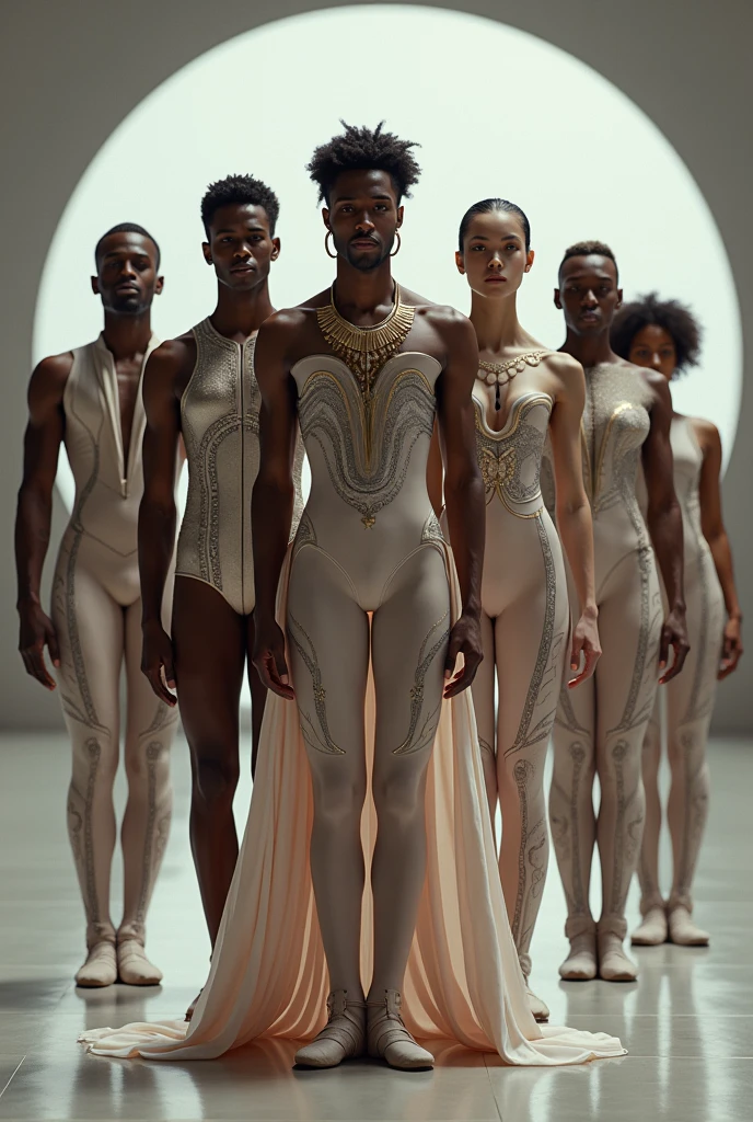 We see a wide shot with the entire “ballet” made up only of white men., Blacks and Asians, wearing futuristic clothes, posing as a squad, each one with their own personality, but connected through a new feeling/sense of style/Inspiration.
