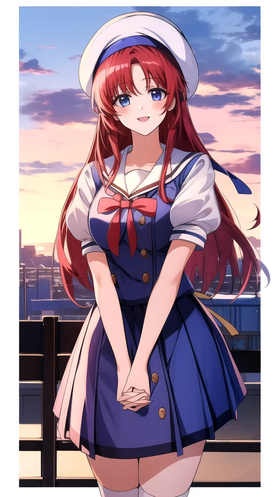 kotorishirakawa, ((masterpiece, best quality, highres, distinct_image)), 
extremely beautiful and delicate, extremely detailed, intricate detail, 1girl, 独奏, short stack, huge breasts, red hair, long hair, straight hair, Blue eyes, BREAK skirt, hat, school uniform, short sleeves, socks, puffy sleeves, puffy short sleeves, beret, Cute Smile Open your mouth, Are standing, (Winter Night、With the sunset and the fence behind、Receiving a confession on the school rooftop。I got closest to that smile:1.1), (Place your hands on your chest:1.3), Two Arms, (cinematic angle:1.1),