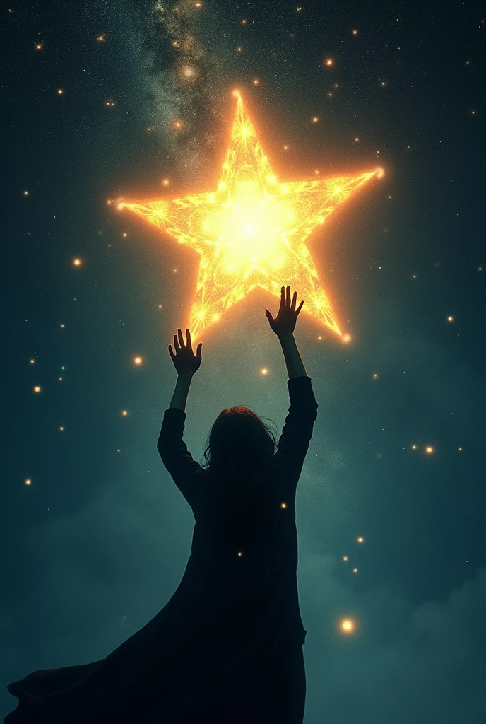 Create a striking book cover with a shadow trying to catch a floating star in the night sky and shining bright gold.