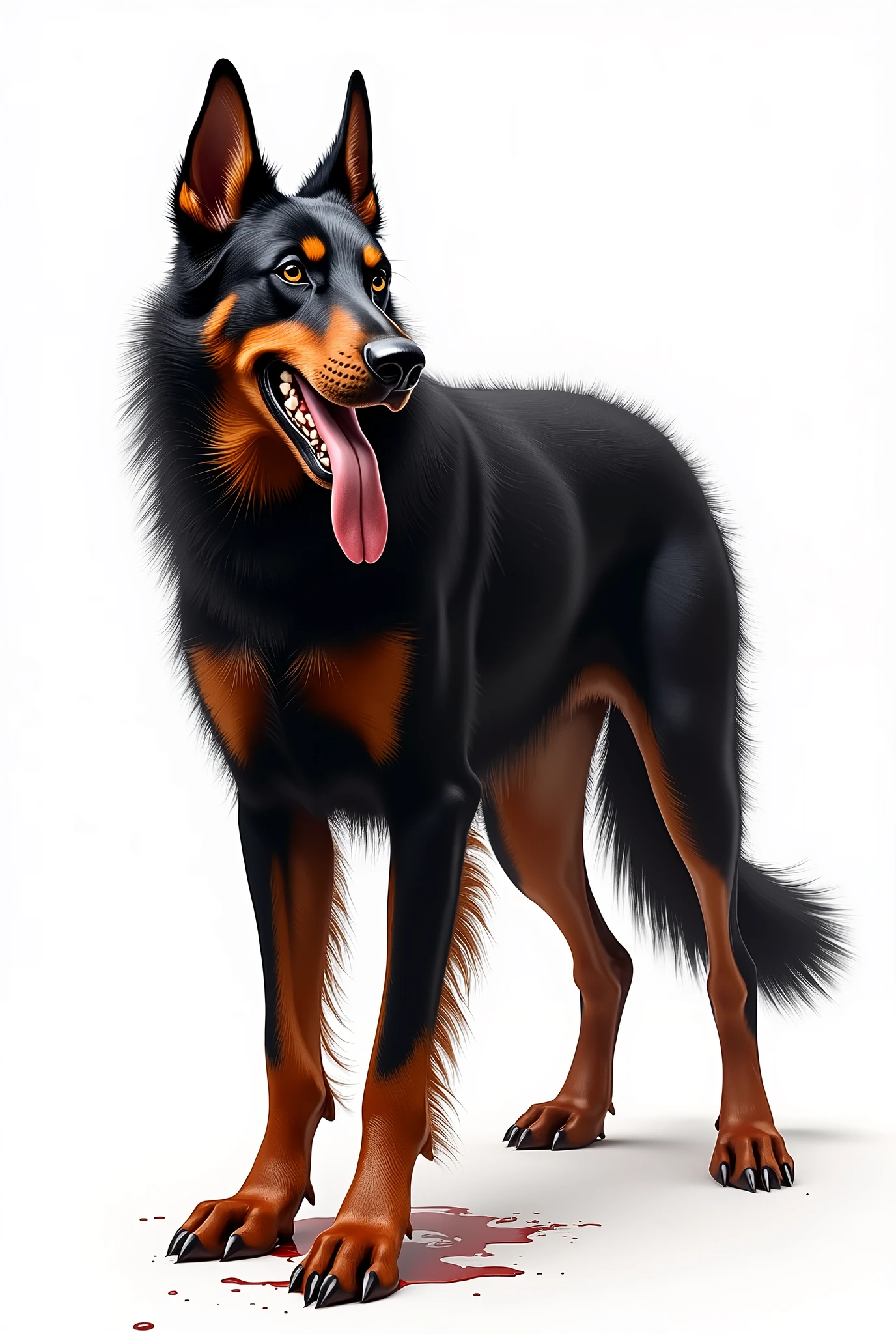 Feral, furry, panting doberman dog,  detailed legs, , 1 tongue, 1 big  , 1 , 2 , detached 1 tail, , after , vivid colors, realistic , white background,  in ,  on floor,  on   , realistic 