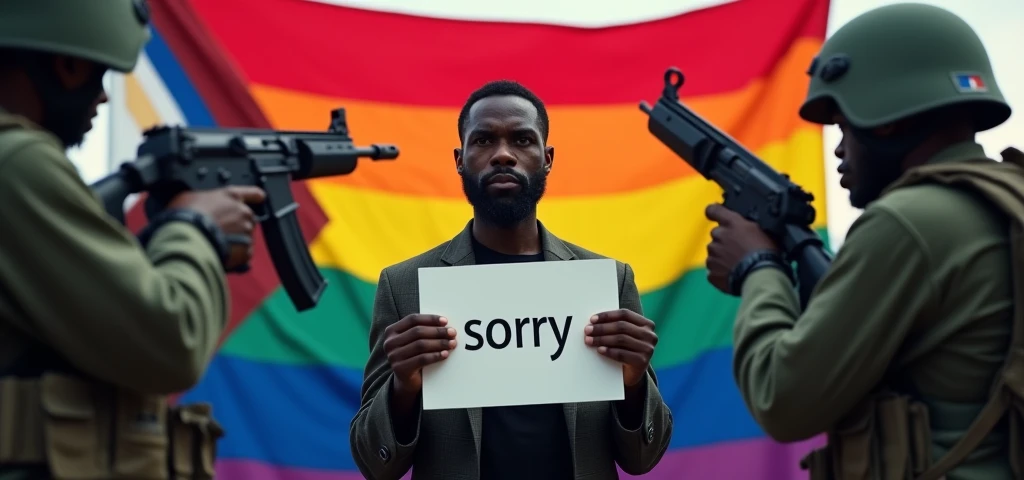 a black man shows a sign with the inscription "Sorry", against the backdrop of the LGBT flag and a special forces group aiming machine guns at him