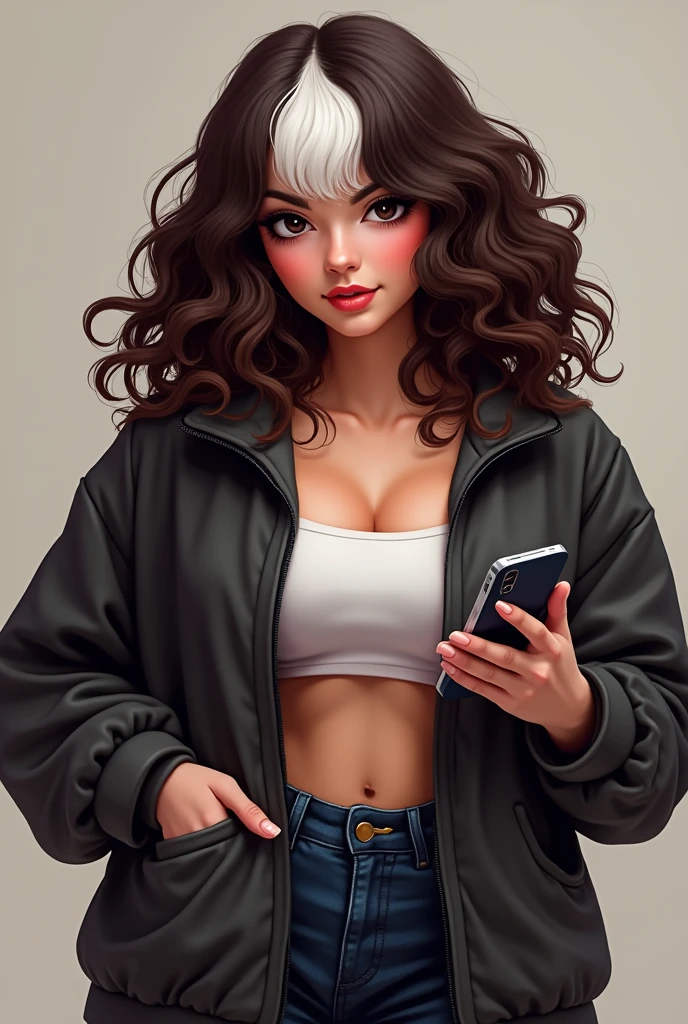 woman with medium hair, very curly and frizzy dark brown with white streak in the front, rosy lips, black eyes, fat and wide face, woman with cell phone in hand, gamer clothes, styled, Disney movies