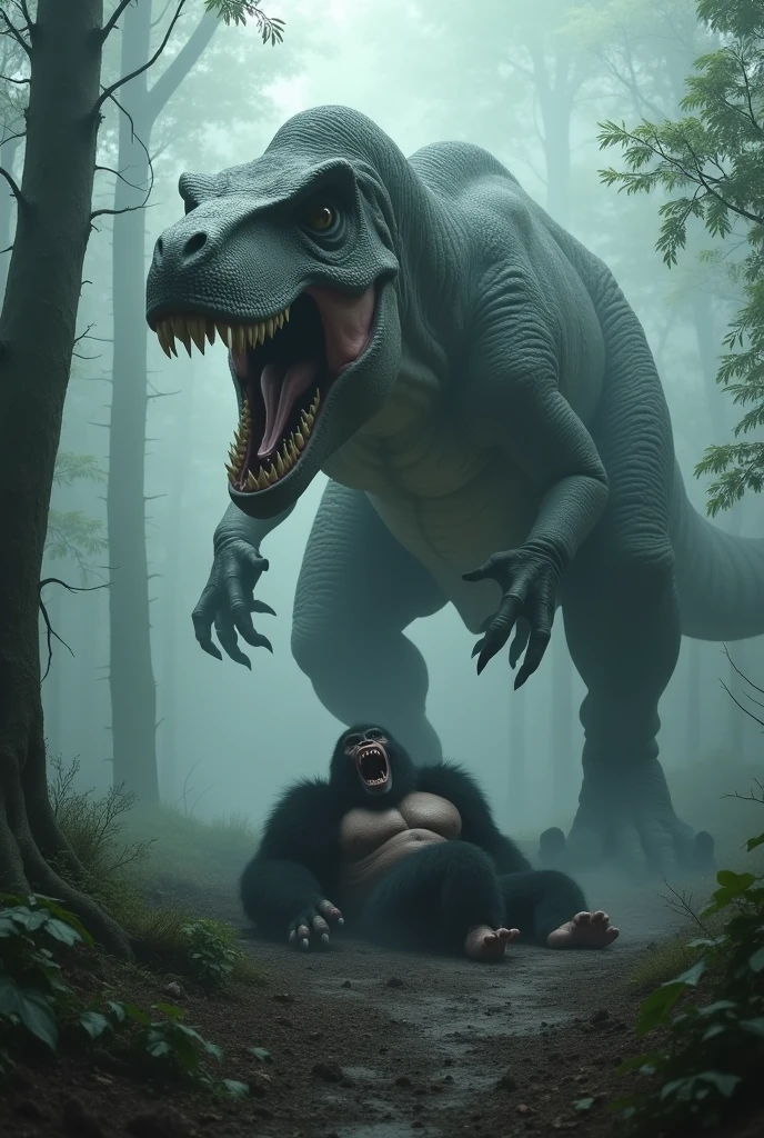 T-rex standing on a dead gorila that it fought in a scary forest with a fog