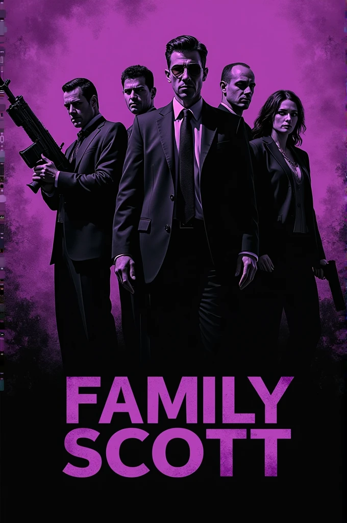 Generate an image with a purple background mixed with black and in the front written Family Scott with about 5 people looking like the mafia with weapons in black detail.