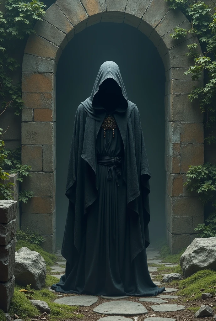 Hooded man with face covered by a shadow in the ruins of an ancient portal