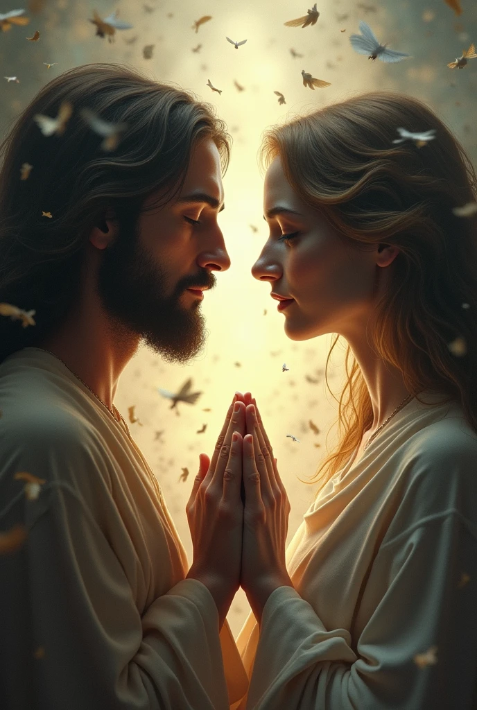 Image of a woman meditating face to face with Jesus, holding hands, with eyes closed and a serene face like Jesus' and the surroundings representing disorder , mess and chaos