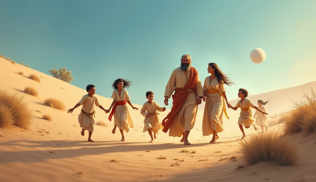 JOB FROM THE BIBLE HAPPY WITH HIS WIFE AND HIS SEVEN CHILDREN DESERT LANDSCAPE
