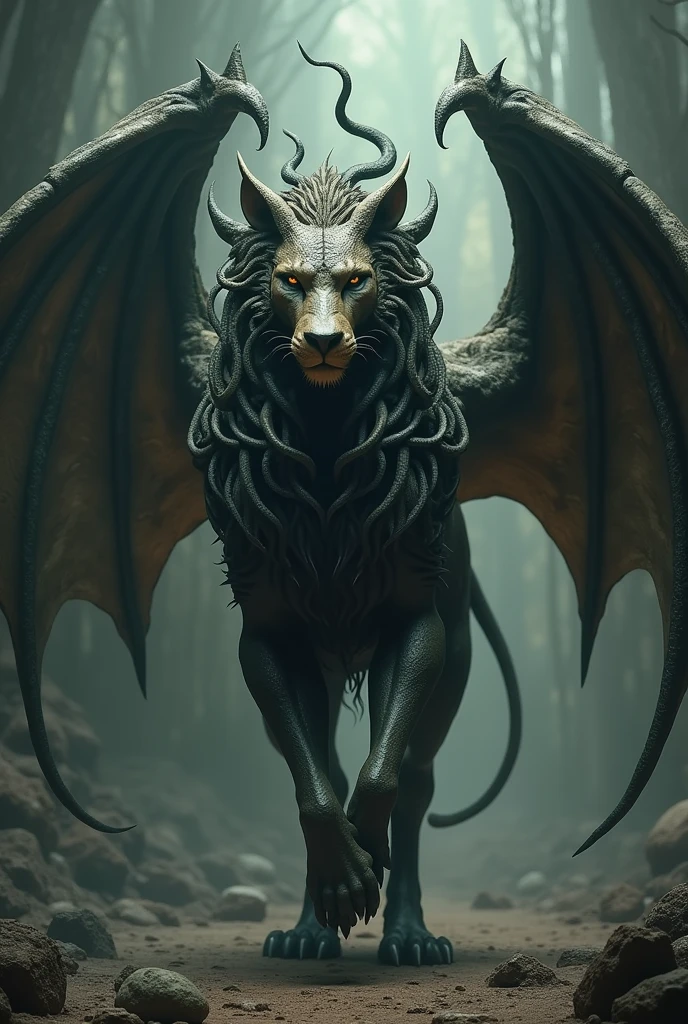 A GARGOYLE WITH A LION'S HEAD, A MANE OF SNAKES, A HORSE'S BODY, DRAGON'S WINGS AND 4 FOX TAILS