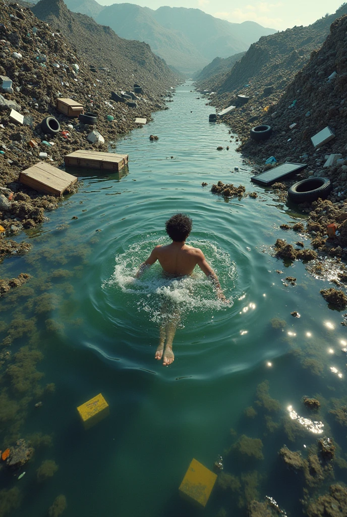 A person like swimming in a dump