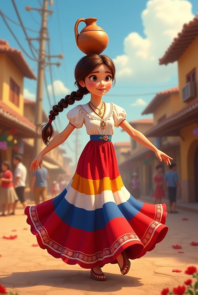 Poster of a Pixar character in a typical Paraguayan costume, wearing a white blouse, dancing with brown hair in a braided ponytail and a jug on her head, Brown eyes, Clothing: white blouse with long tricolor skirt, crosswise cut, half red, half white and half blue.